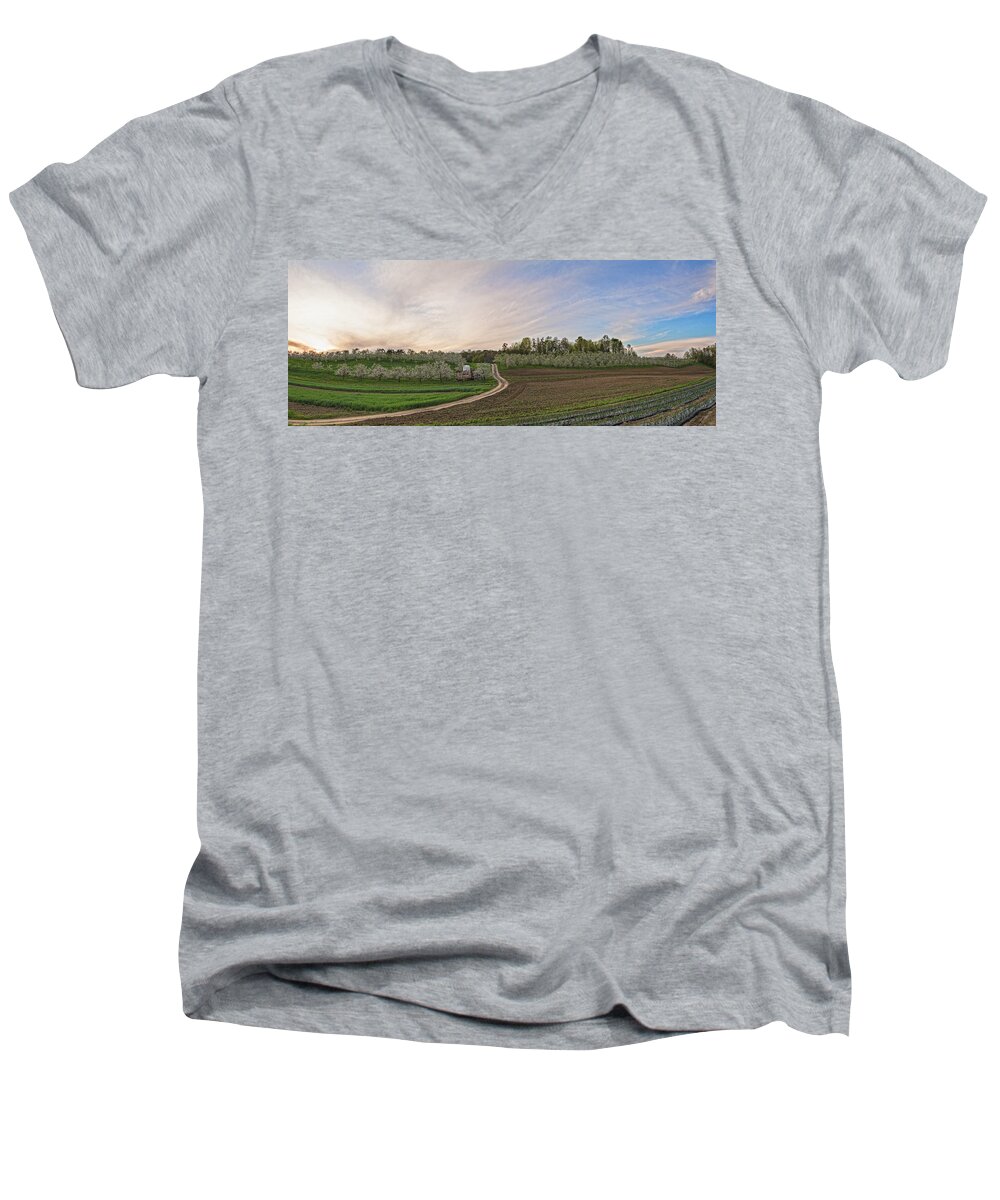 Orchards Men's V-Neck T-Shirt featuring the photograph Apple Blossoms And Garlic Rows by Angelo Marcialis
