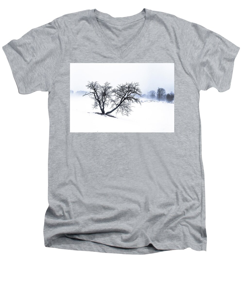 Tree Men's V-Neck T-Shirt featuring the photograph Apple Tree and Winter Fog by Tim Kirchoff