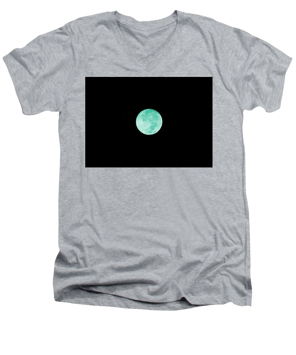 Aqua Moon Men's V-Neck T-Shirt featuring the digital art Aqua Moon by Colleen Cornelius