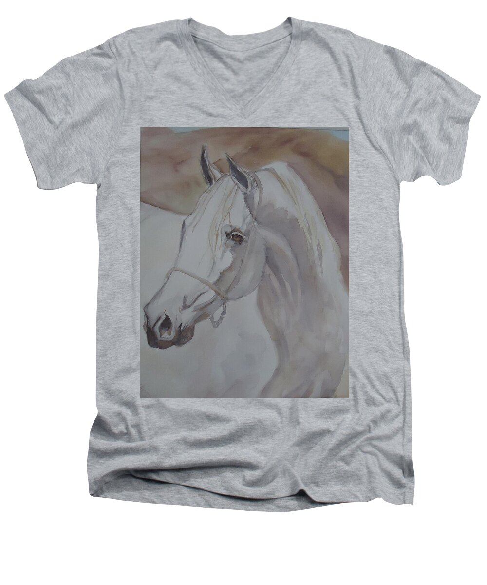 An Arabian Stallion In The Desert Dunes. Horse Men's V-Neck T-Shirt featuring the painting Arab Stallion in the Desert by Charme Curtin