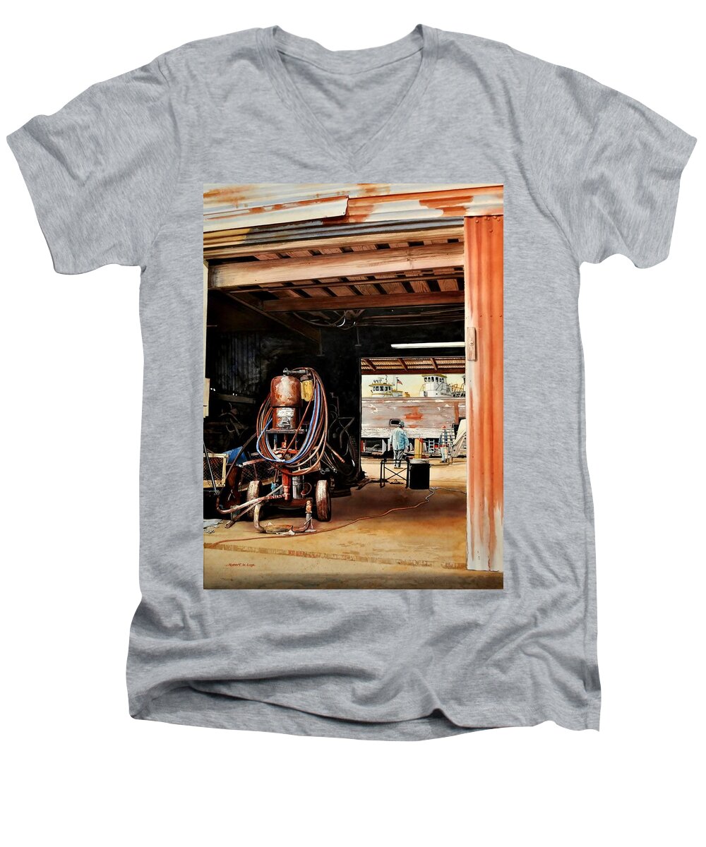 Watercolor Men's V-Neck T-Shirt featuring the painting Aransas Pass Boatyard by Robert W Cook