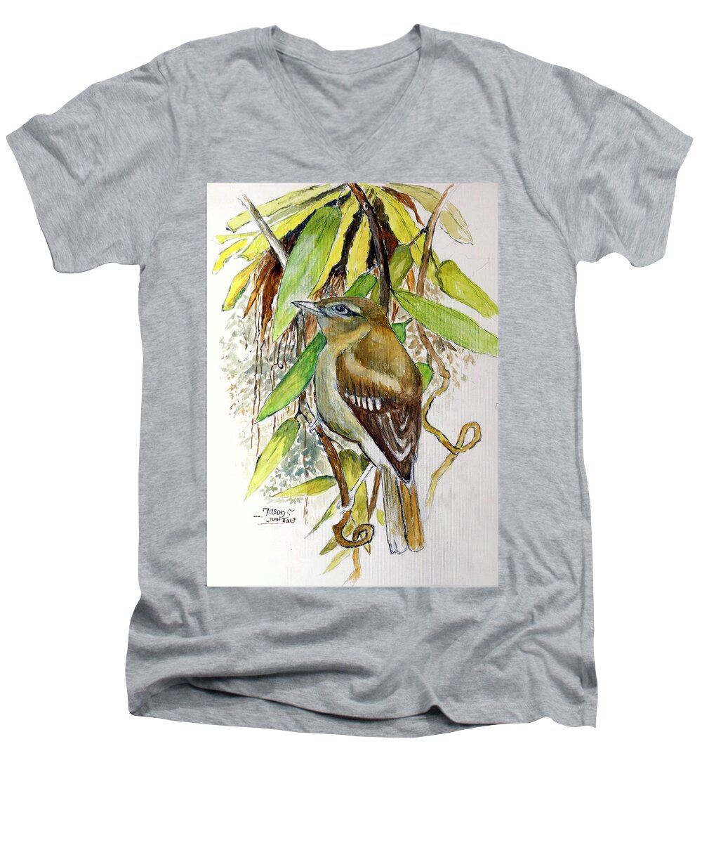 Branches Of Trees Men's V-Neck T-Shirt featuring the painting Arctic Warbler by Jason Sentuf