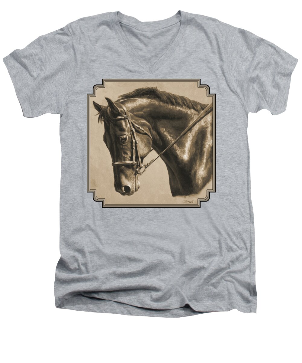 Horse Men's V-Neck T-Shirt featuring the painting Horse Painting - Focus In Sepia by Crista Forest