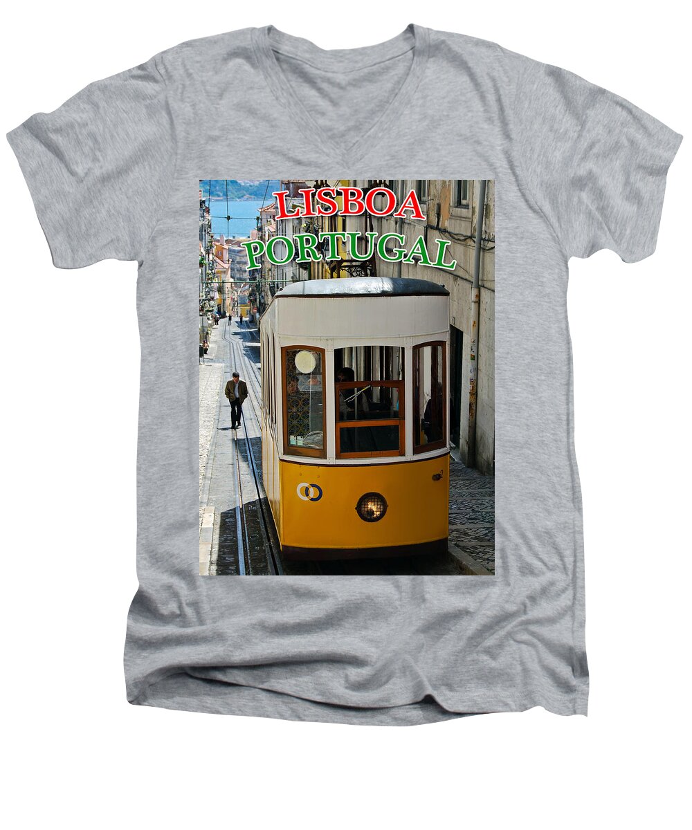 Street Car Men's V-Neck T-Shirt featuring the photograph Lisbon - Portugal - Elevador da Bica by Carlos Alkmin