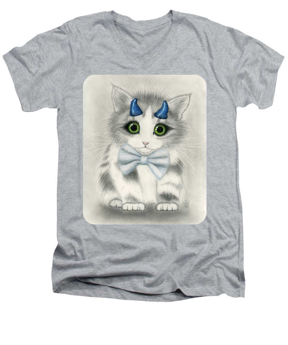 Cute Kitten Men's V-Neck T-Shirt featuring the drawing Little Blue Horns - Devil Kitten by Carrie Hawks