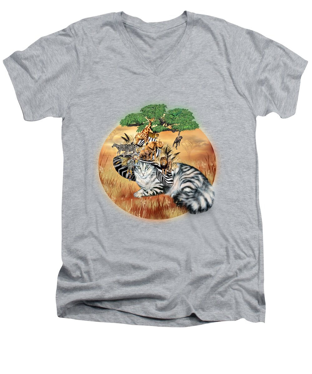 Cat Art Men's V-Neck T-Shirt featuring the mixed media Cat In The Safari Hat by Carol Cavalaris