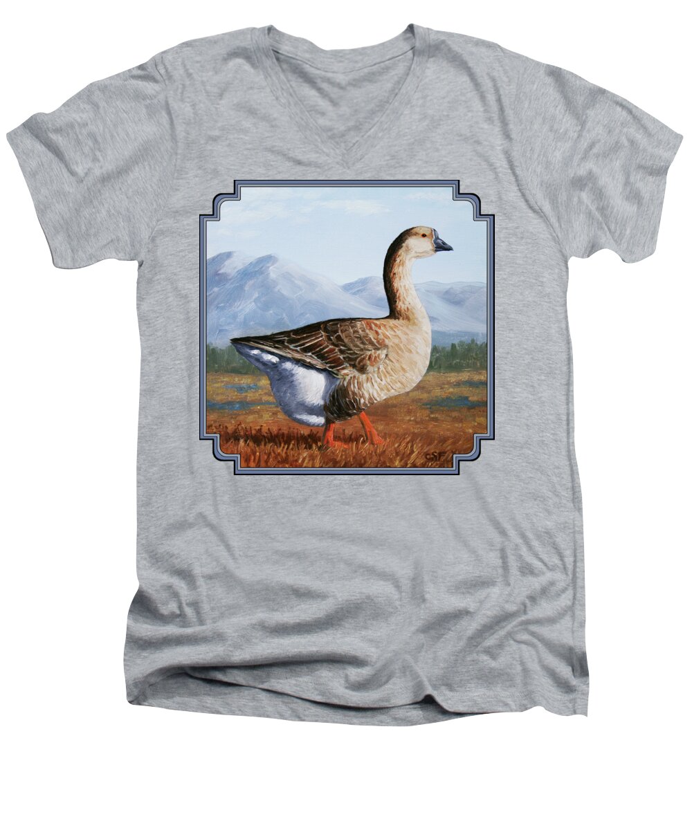 Bird Men's V-Neck T-Shirt featuring the painting Brown Chinese Goose by Crista Forest