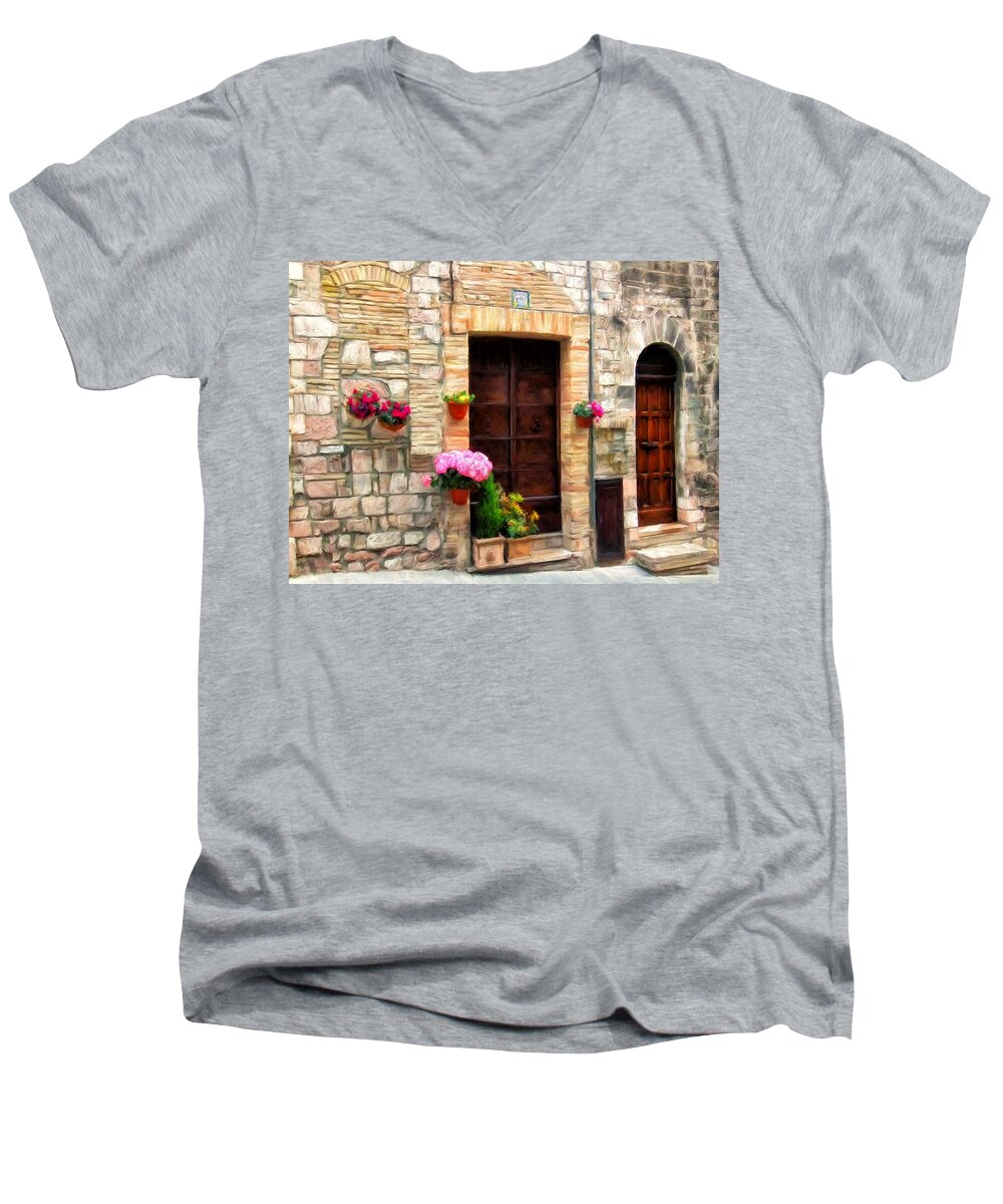 Italy Men's V-Neck T-Shirt featuring the painting Assisi Doorways by Dominic Piperata