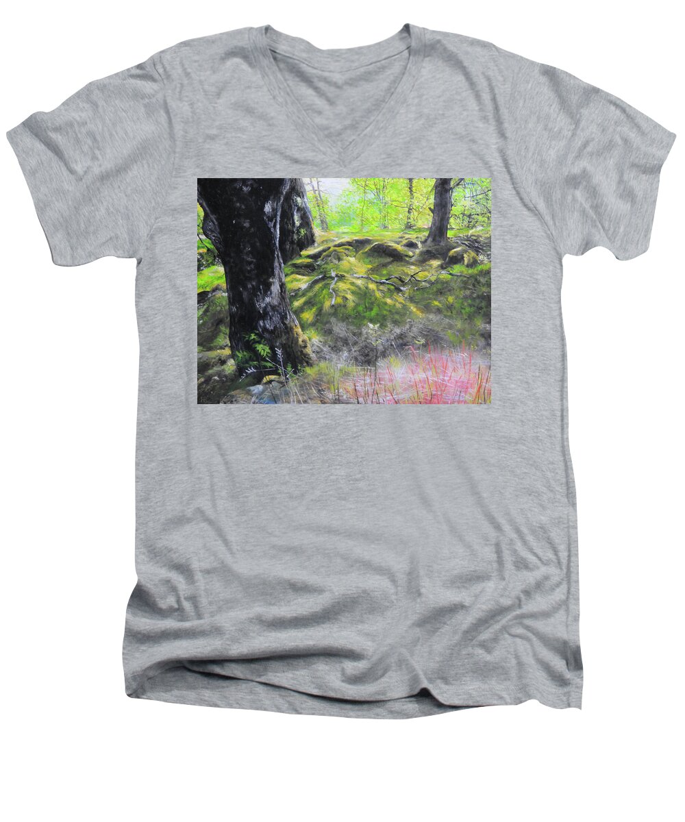 Landscape Men's V-Neck T-Shirt featuring the painting At the Farm by Harry Robertson