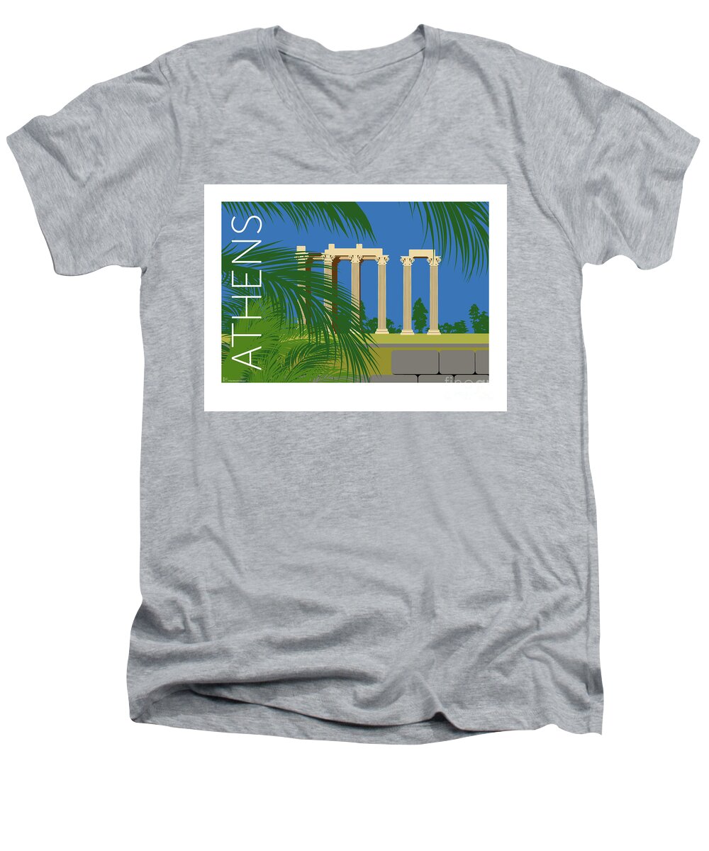 Athens Men's V-Neck T-Shirt featuring the digital art ATHENS Temple of Olympian Zeus - Blue by Sam Brennan