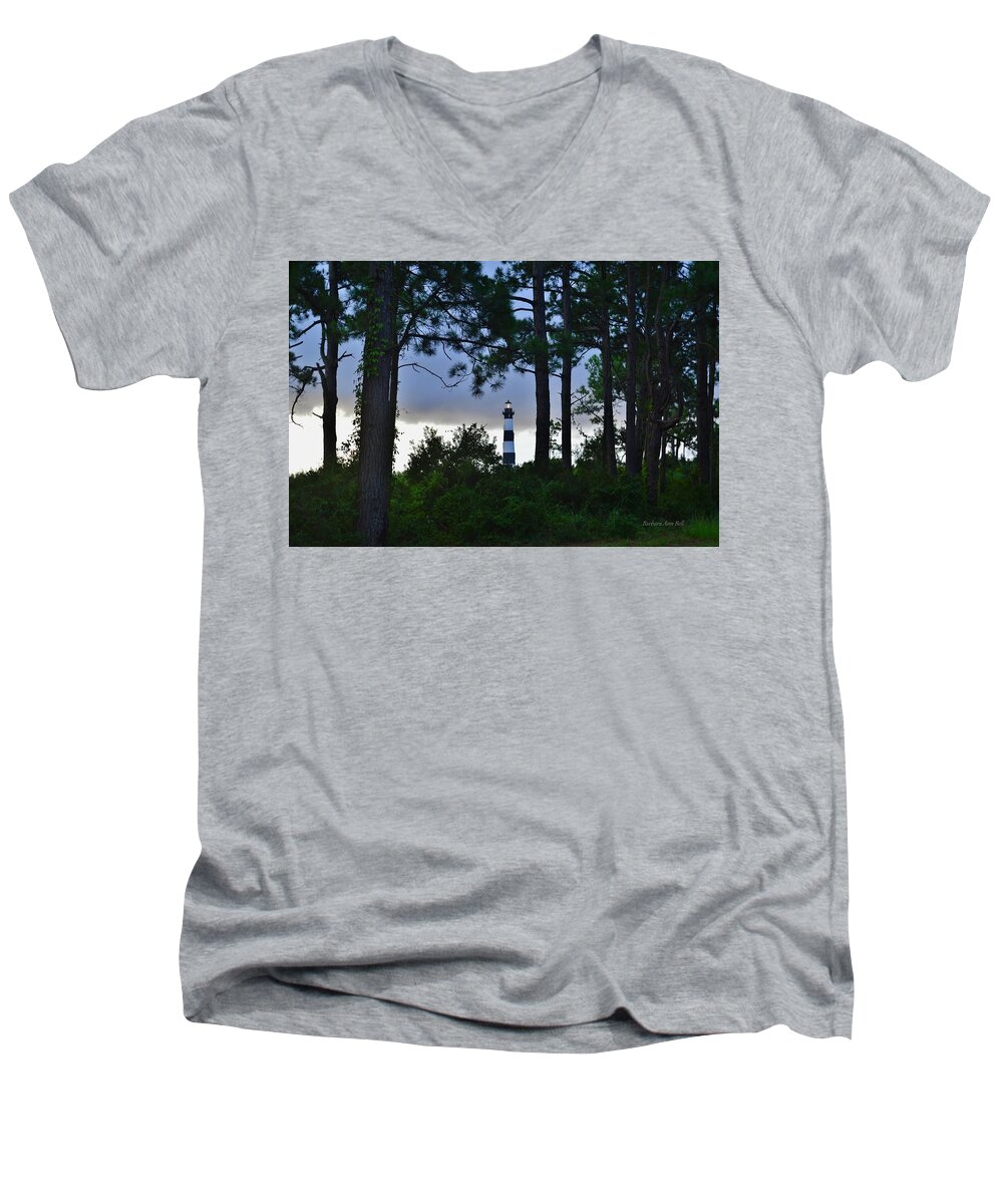 Obx Sunrise Men's V-Neck T-Shirt featuring the photograph August 9 Bodie Lt House by Barbara Ann Bell
