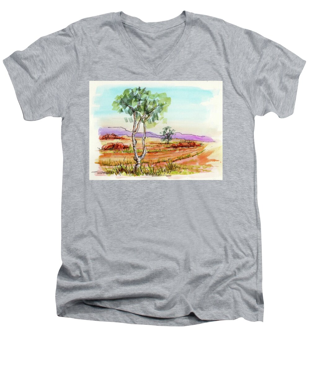 Australia Men's V-Neck T-Shirt featuring the painting Australian Landscape Sketch by Margaret Stockdale