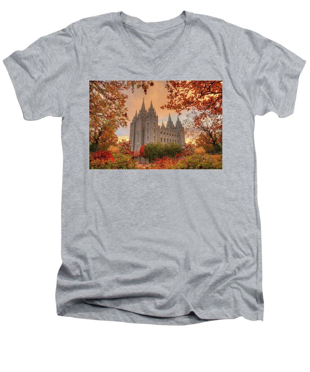 Temple Men's V-Neck T-Shirt featuring the photograph Autumn at Temple Square by Dustin LeFevre