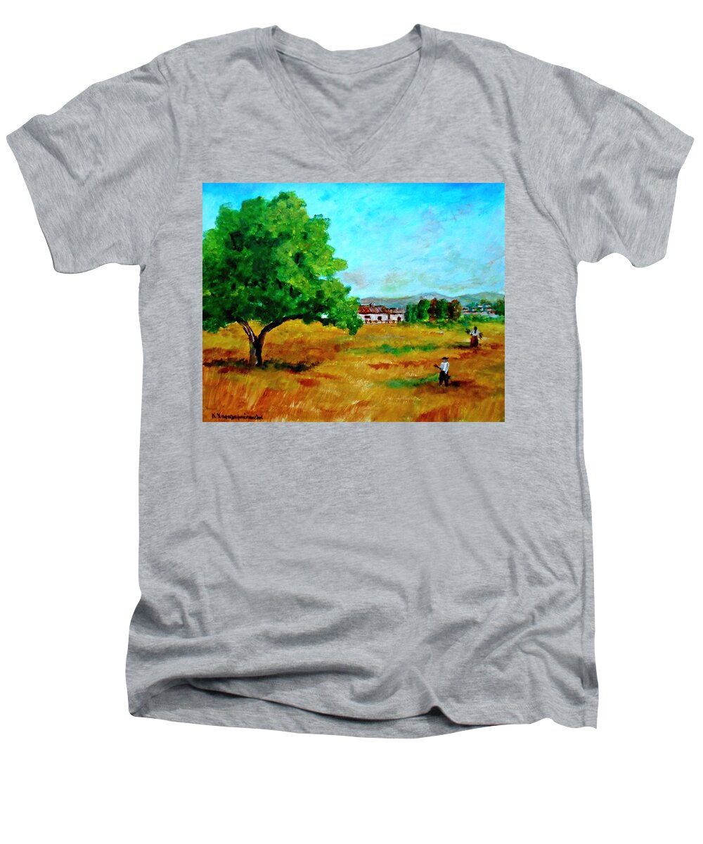 Autumn Men's V-Neck T-Shirt featuring the painting Autumn preparing by Konstantinos Charalampopoulos