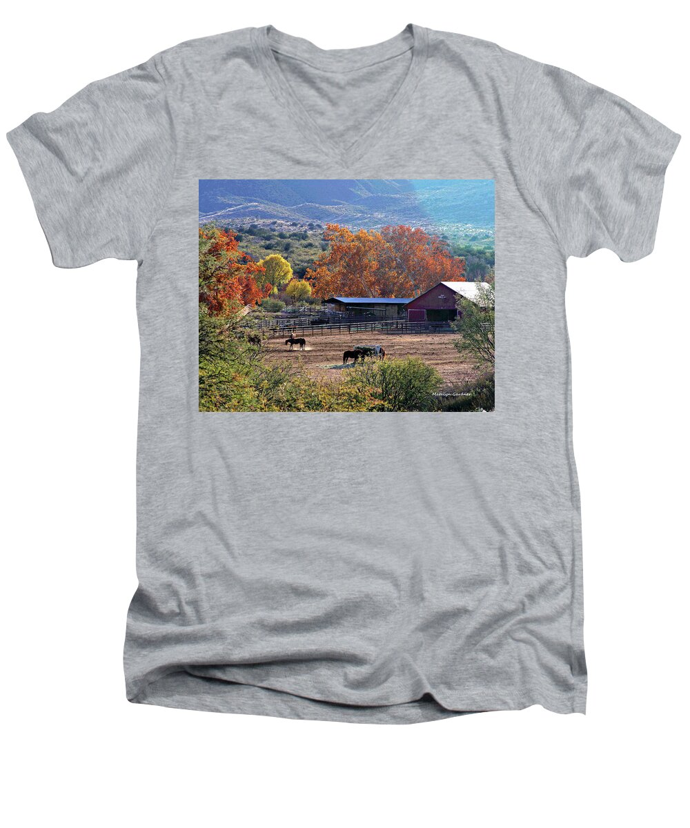 Ranch Men's V-Neck T-Shirt featuring the photograph Autumn Ranch by Matalyn Gardner