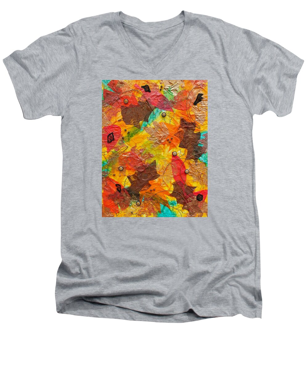 Mixed Media Men's V-Neck T-Shirt featuring the mixed media Autumn Leaves Underfoot by Michele Myers