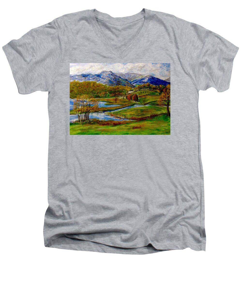Loch Lomond Men's V-Neck T-Shirt featuring the painting Autumn View of The Trossachs by Joan-Violet Stretch