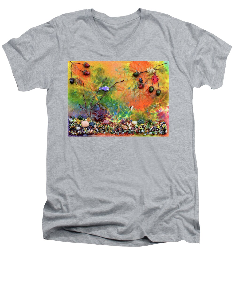 Woodland Men's V-Neck T-Shirt featuring the mixed media Autumnal Enchantment by Donna Blackhall