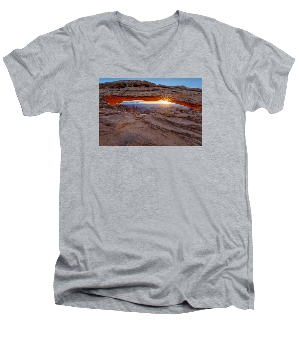 Arch Men's V-Neck T-Shirt featuring the photograph Awakening at Mesa Arch by Denise Bush