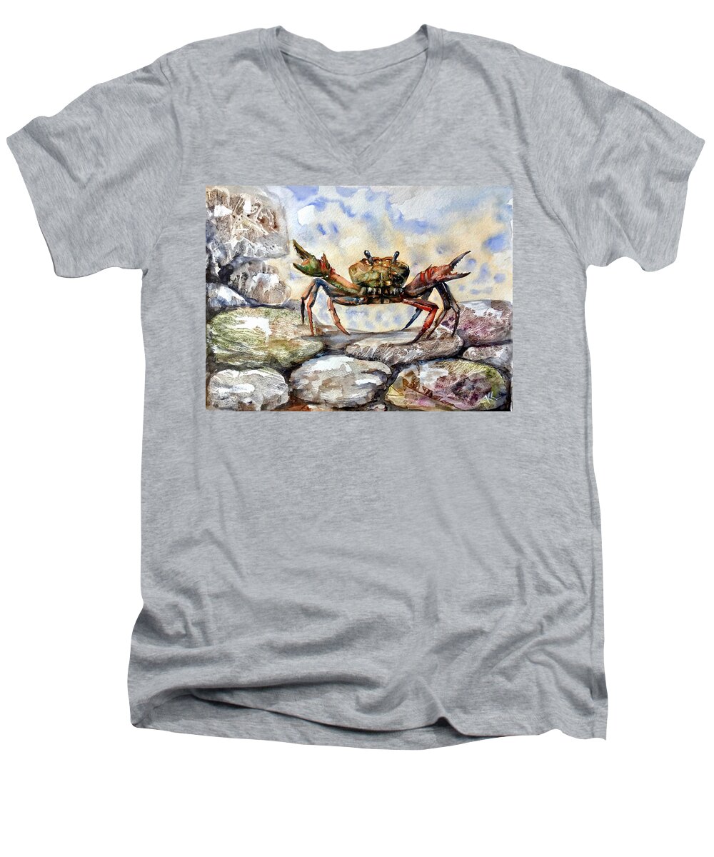 Crab Men's V-Neck T-Shirt featuring the painting Awaking by Katerina Kovatcheva
