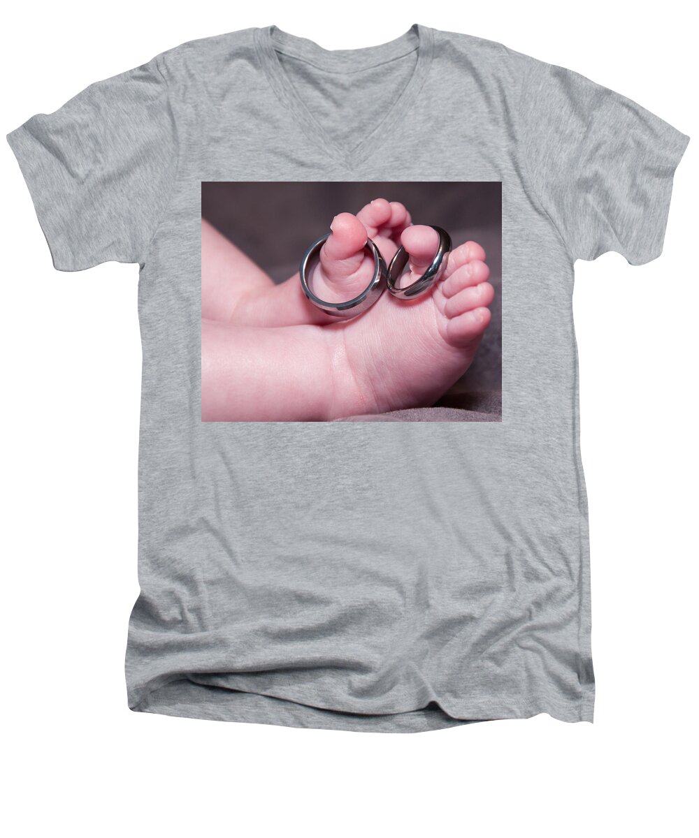 Baby Men's V-Neck T-Shirt featuring the photograph Baby Feet With Wedding Rings by Susan Cliett