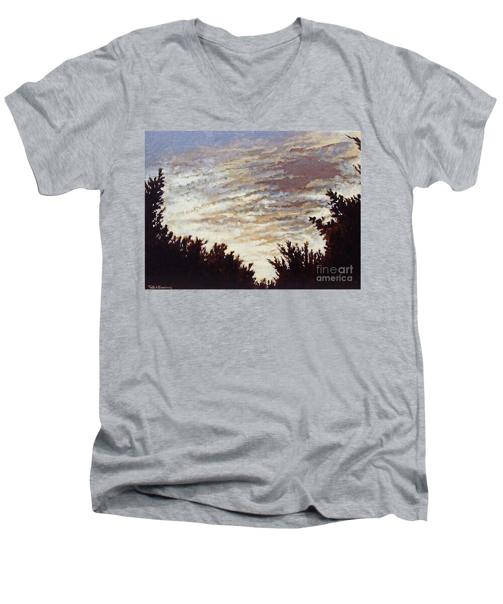 Landscape Men's V-Neck T-Shirt featuring the painting Backyard Sunset by Todd Blanchard
