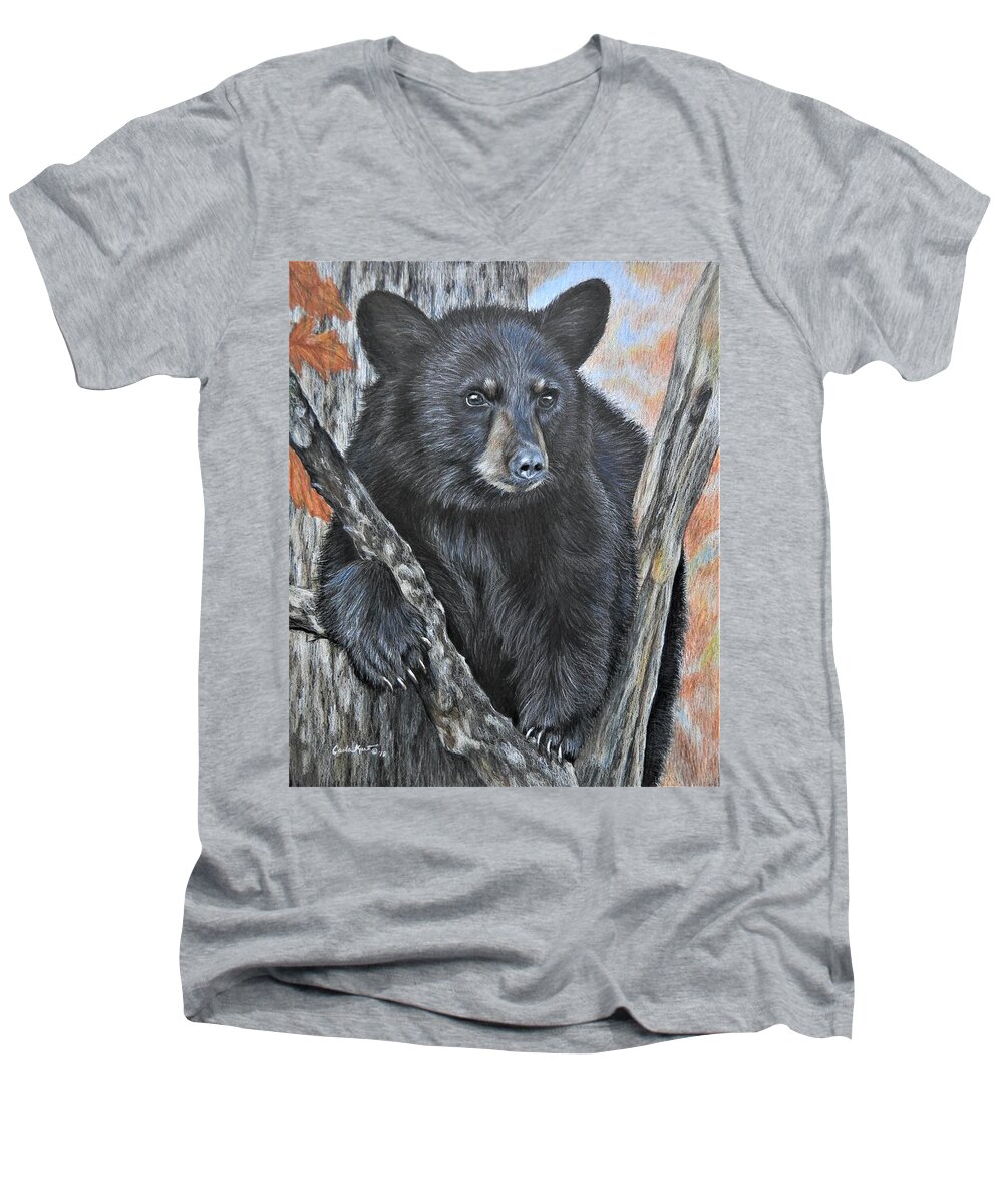Bear Men's V-Neck T-Shirt featuring the drawing Backyard Visitor by Carla Kurt