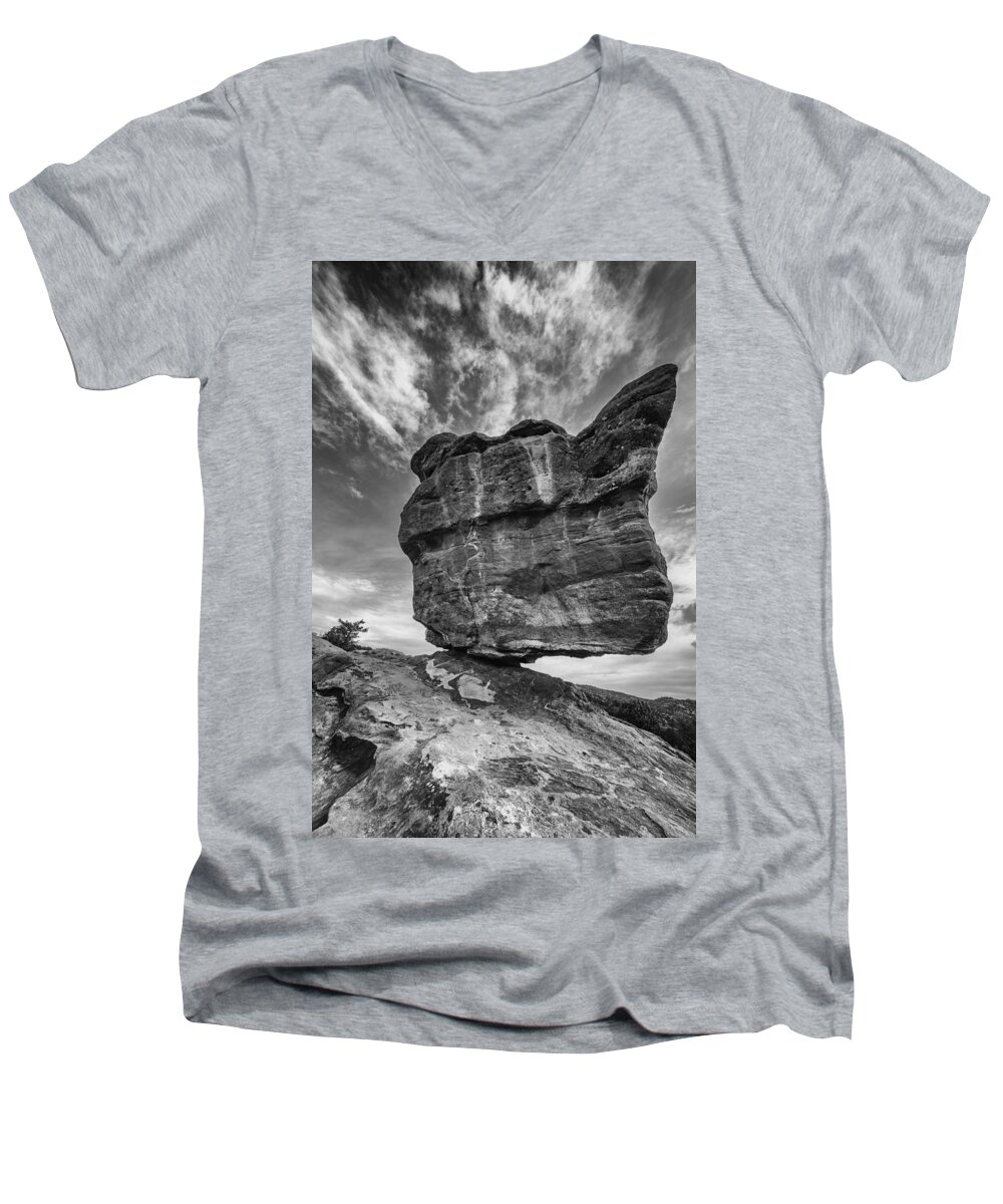 Sky Men's V-Neck T-Shirt featuring the photograph Balanced Rock Monochrome by Darren White