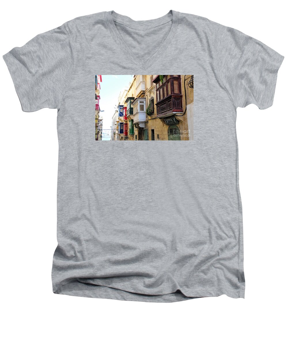 Balconies Men's V-Neck T-Shirt featuring the photograph Balconies of Valletta 3 by Jasna Buncic