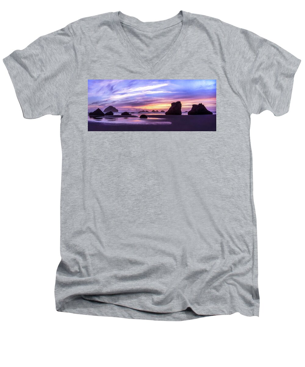 Landscapes Men's V-Neck T-Shirt featuring the photograph Bandon on Fire by Steven Clark