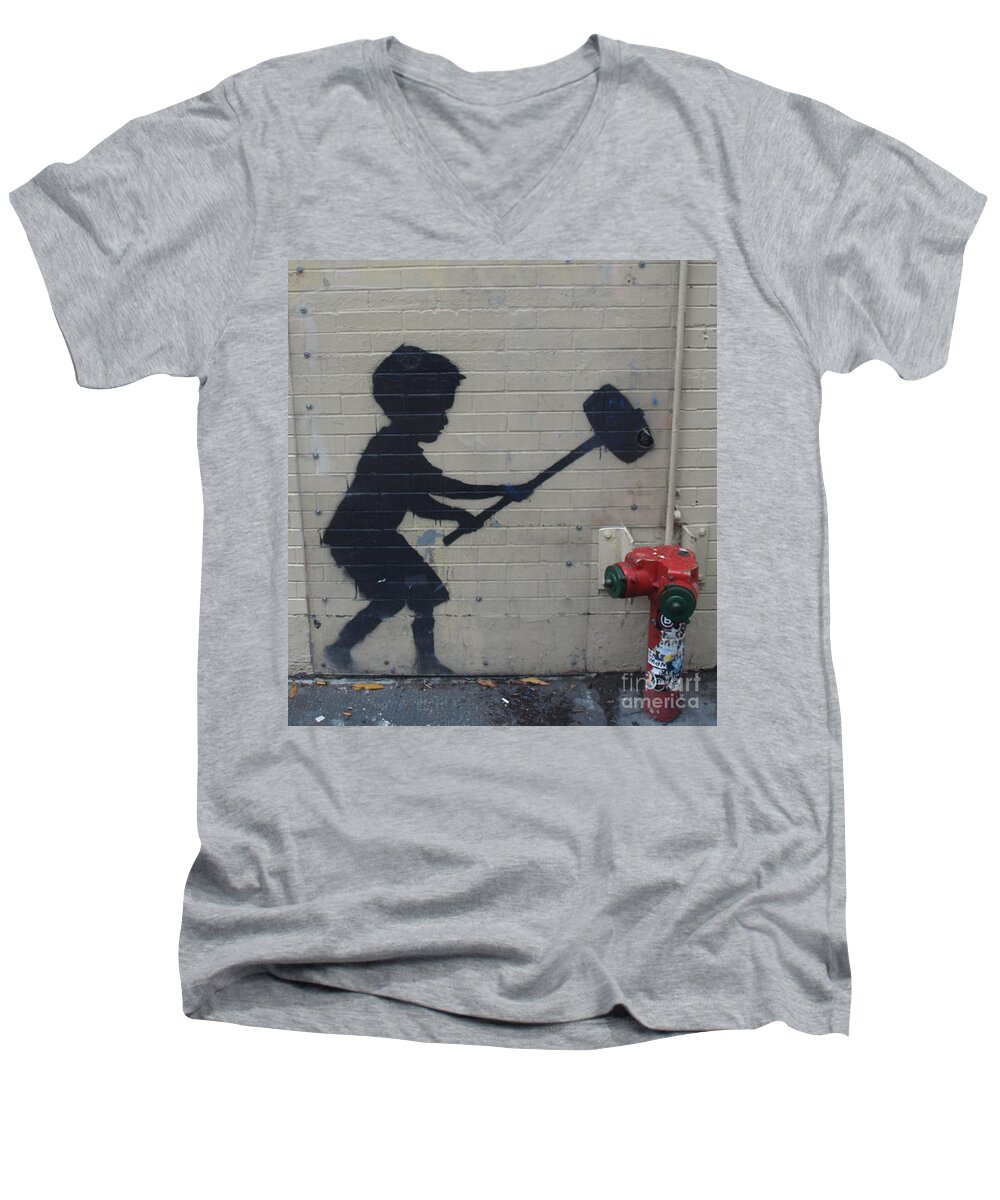 Banksy Men's V-Neck T-Shirt featuring the photograph Banksy in New York by Mary Capriole