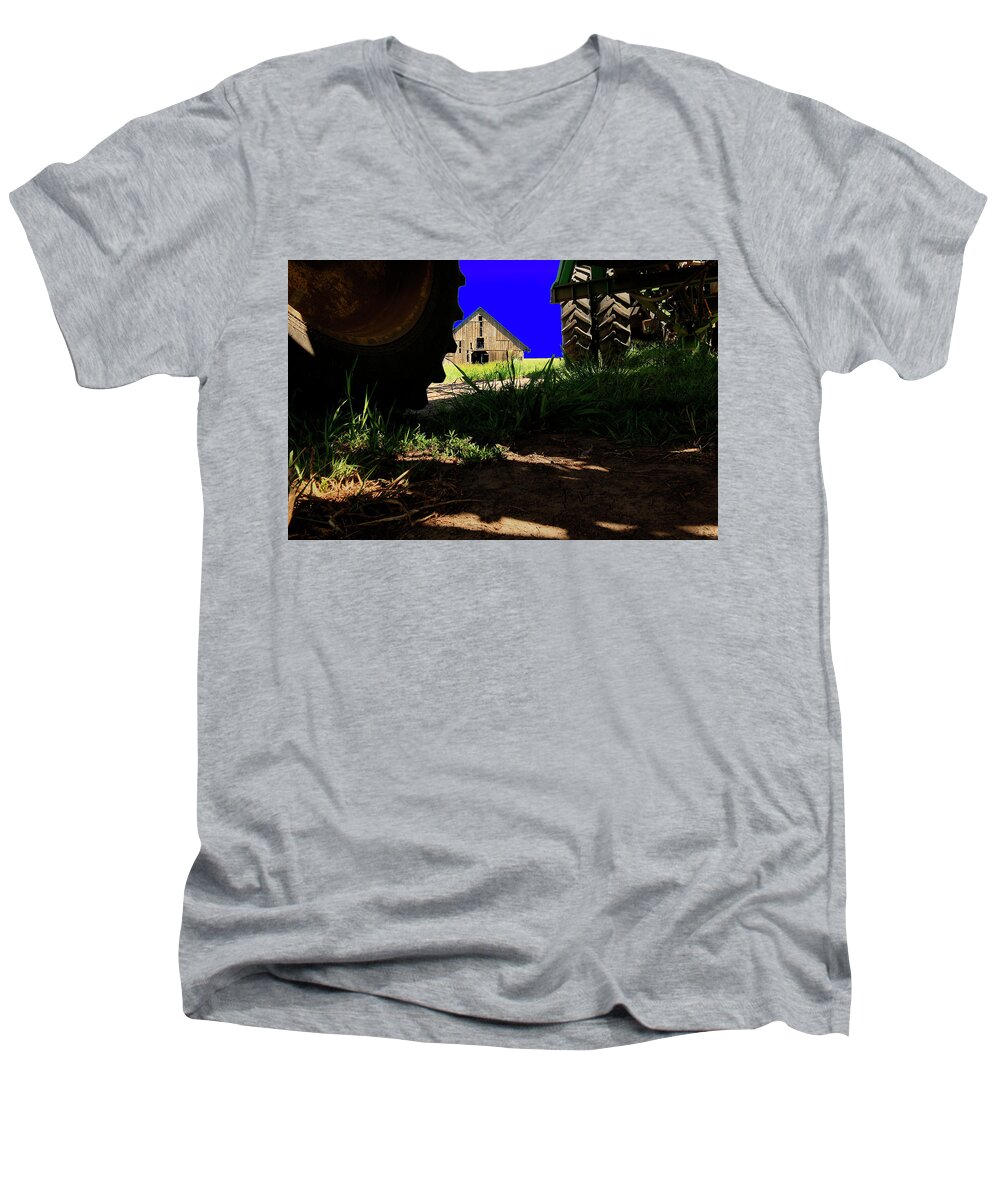 Farm Men's V-Neck T-Shirt featuring the photograph Barn from Under the Equipment by Bob Cournoyer