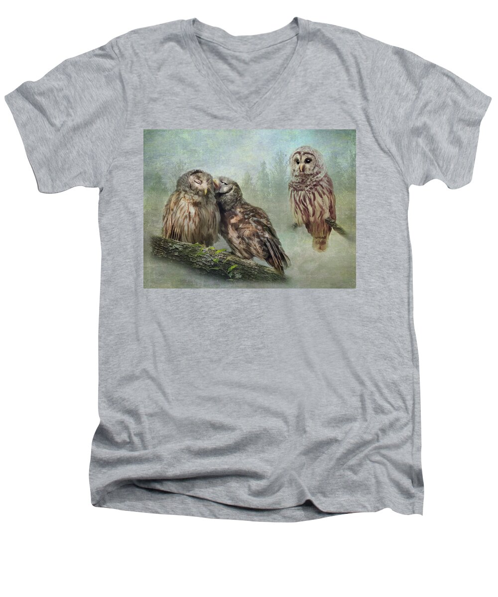 Barred Owl Men's V-Neck T-Shirt featuring the photograph Barred Owls - Steal A Kiss by Patti Deters