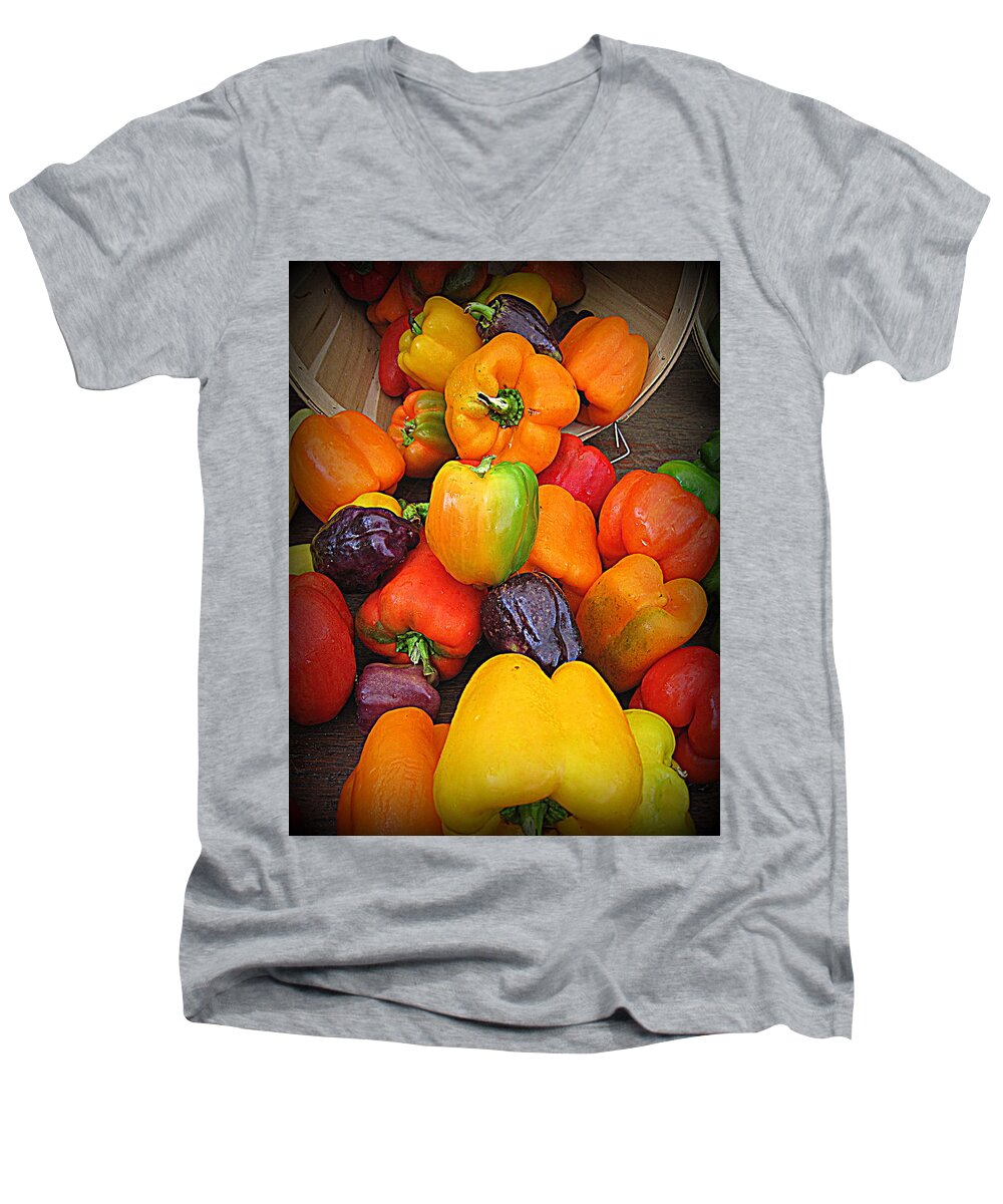 Basket Full O'peppers Men's V-Neck T-Shirt featuring the photograph Basket Full O'Peppers by Suzanne DeGeorge