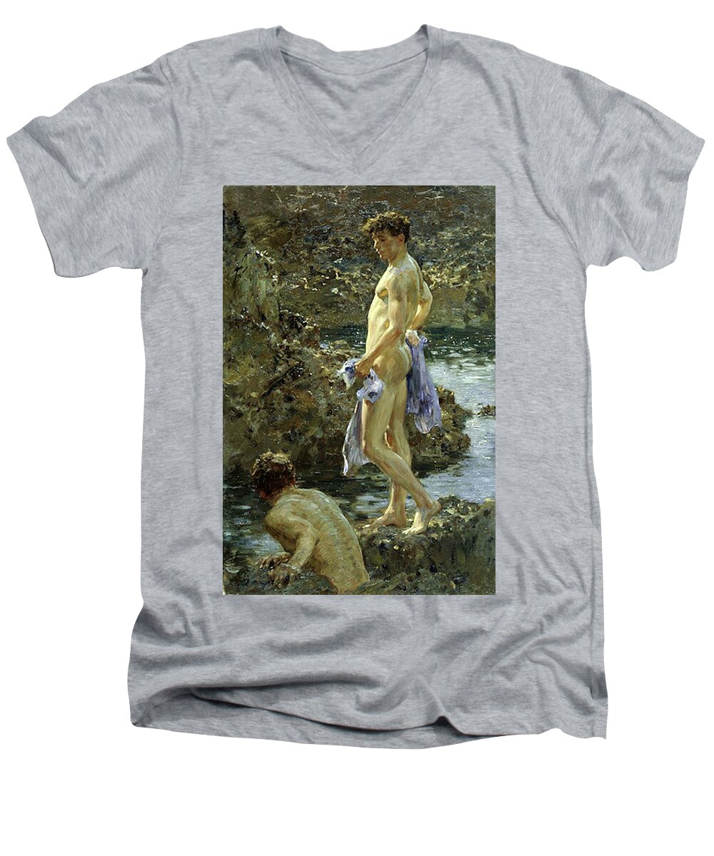 Bathing Group Men's V-Neck T-Shirt featuring the painting Bathing Group of 1914 by Henry Scott Tuke