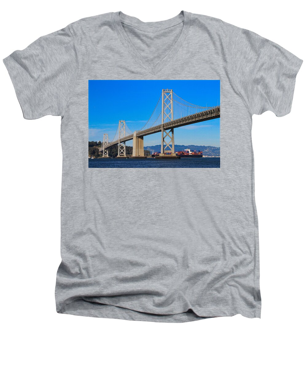 Bonnie Follett Men's V-Neck T-Shirt featuring the photograph Bay Bridge with APL Houston by Bonnie Follett