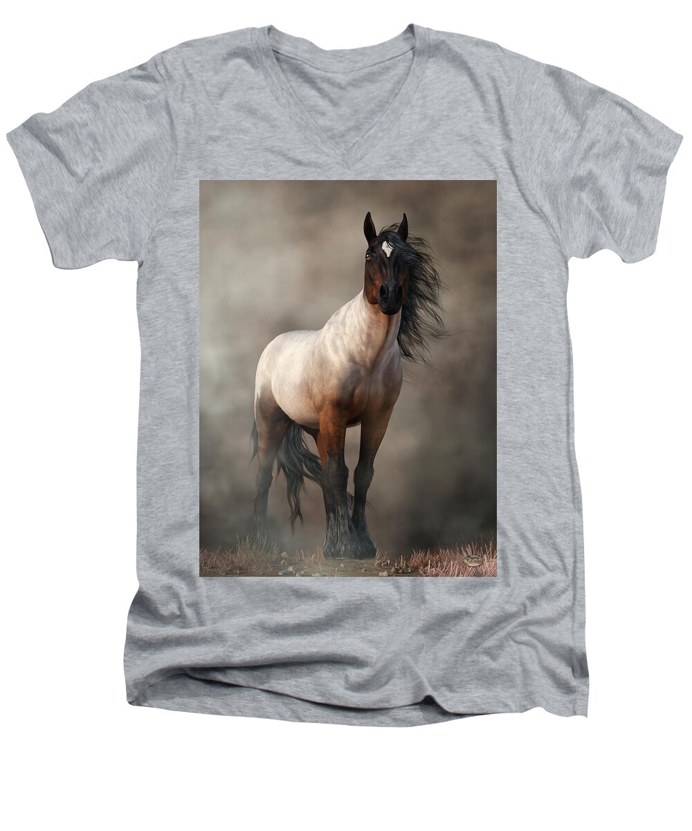 Bay Roan Horse Men's V-Neck T-Shirt featuring the digital art Bay Roan Horse Art by Daniel Eskridge