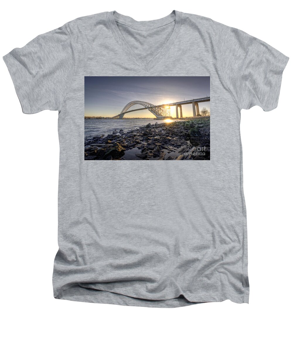 Sunset Men's V-Neck T-Shirt featuring the photograph Bayonne Bridge Sunset by Michael Ver Sprill