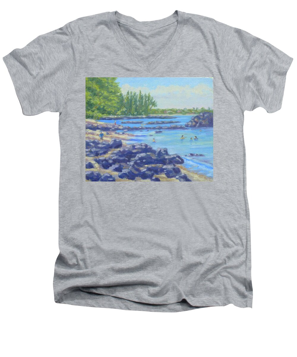 Landscape Men's V-Neck T-Shirt featuring the painting Beach 69 South by Stan Chraminski