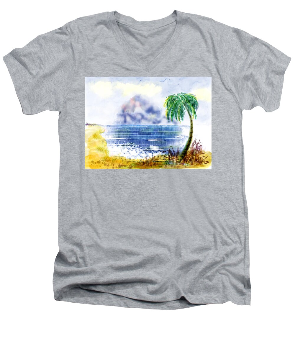 Beach Men's V-Neck T-Shirt featuring the painting Beach and Palm Tree of D.R. by Dale Turner