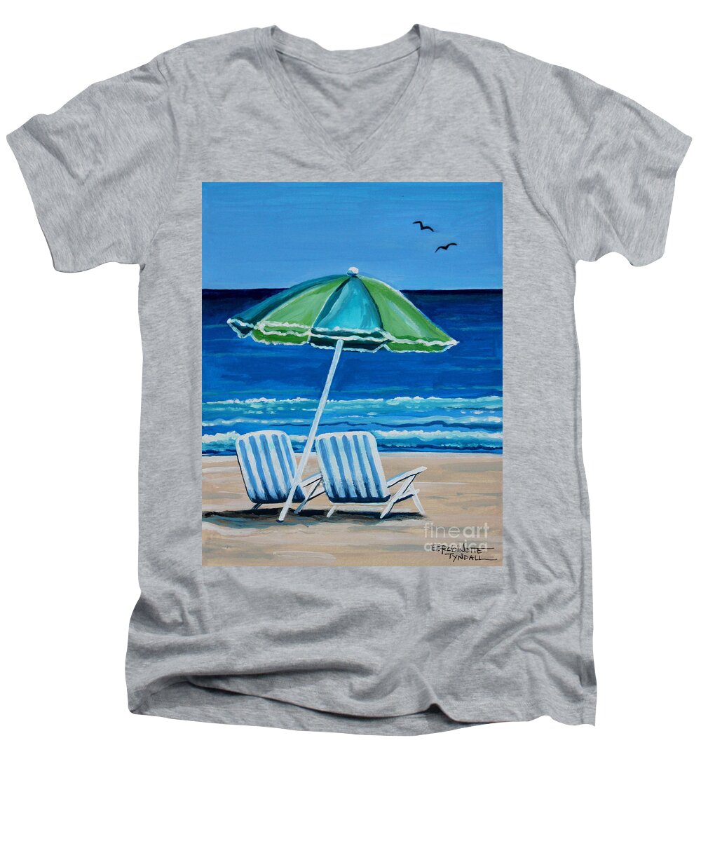 Beach Men's V-Neck T-Shirt featuring the painting Beach Chair Bliss by Elizabeth Robinette Tyndall