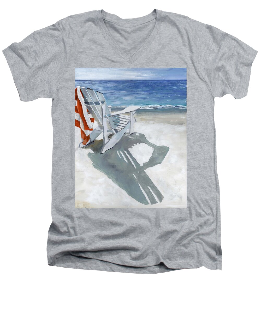 Beach Men's V-Neck T-Shirt featuring the painting Beach chair by Debbie Brown