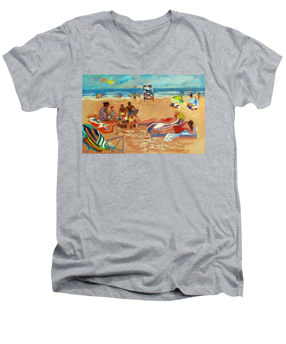 Beach Men's V-Neck T-Shirt featuring the painting Beach in August by Betty Pieper