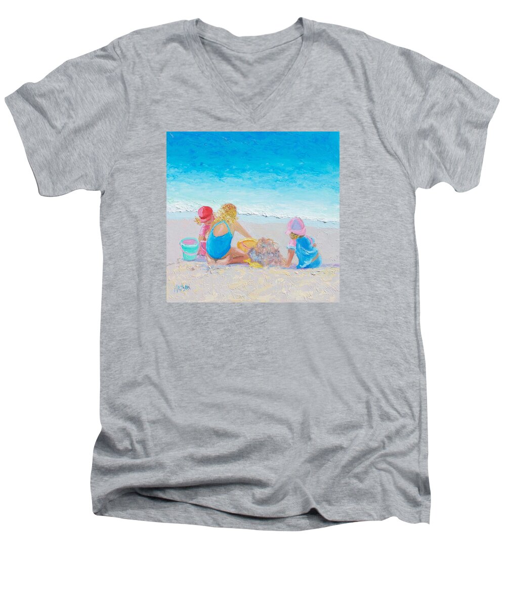 Beach Men's V-Neck T-Shirt featuring the painting Beach Painting - Building sandcastles by Jan Matson