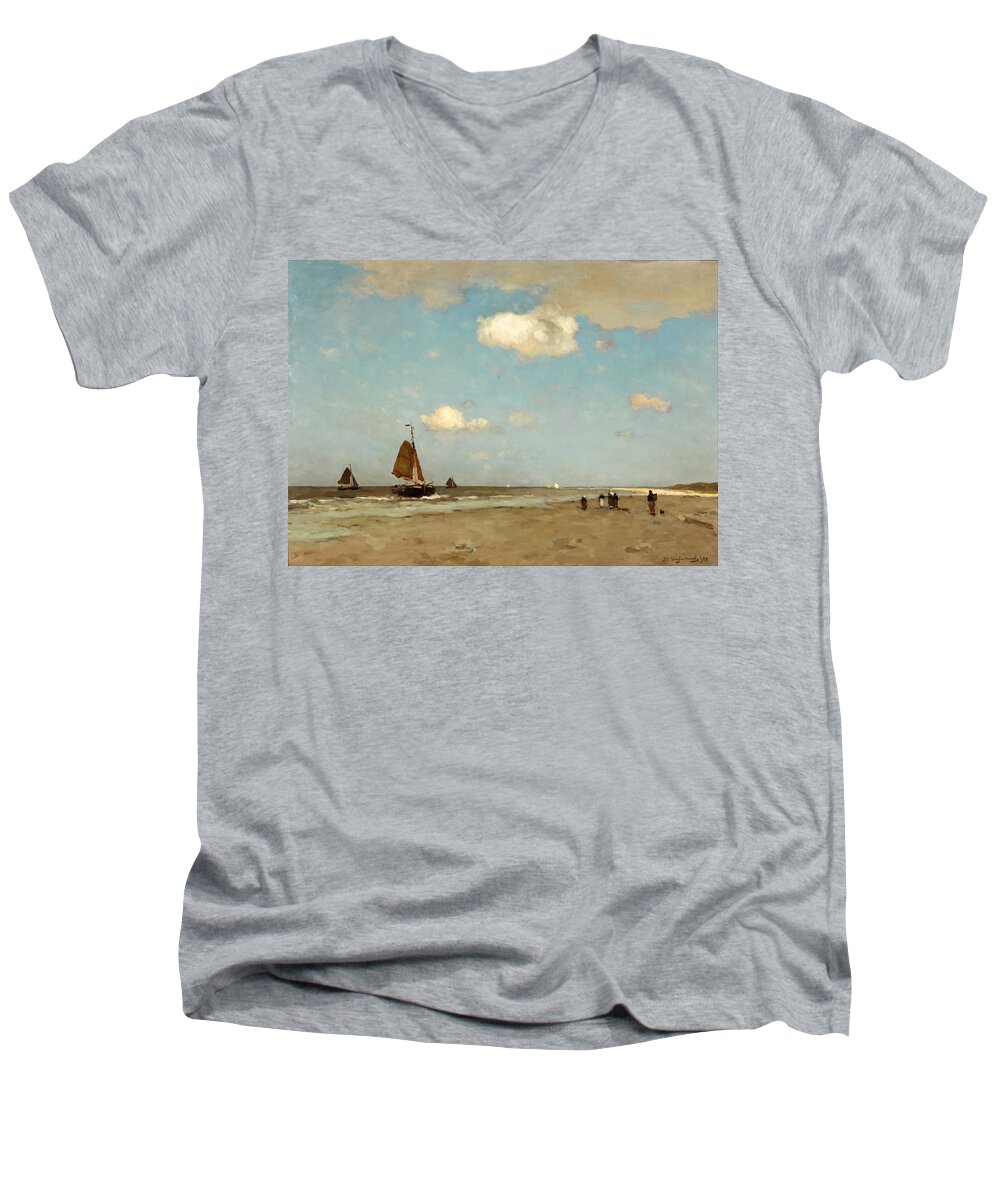 Jan Hendrik Weissenbruch Men's V-Neck T-Shirt featuring the painting Beach scene by Jan Hendrik Weissenbruch