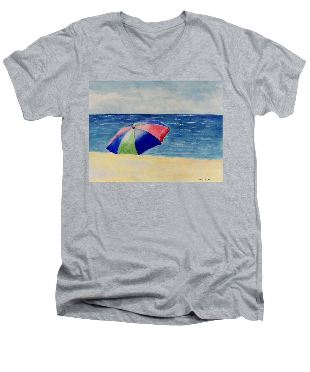 Beach Men's V-Neck T-Shirt featuring the painting Beach Umbrella by Jamie Frier