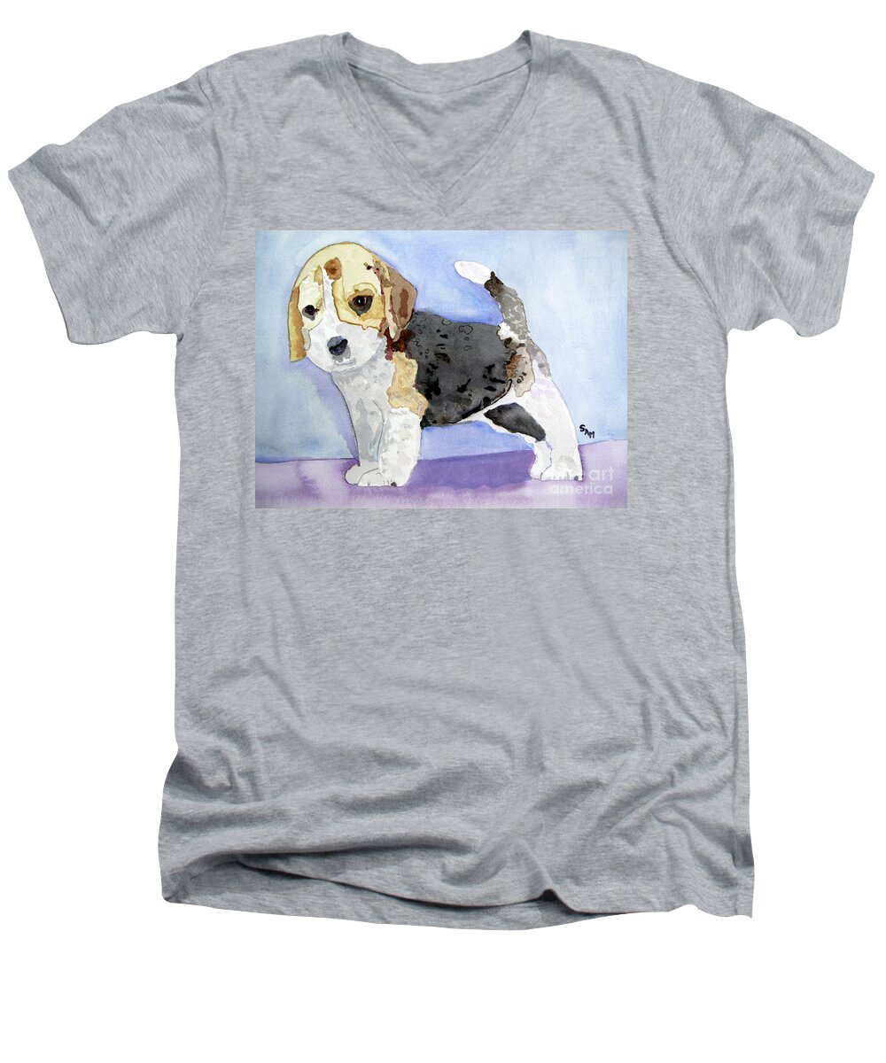 Beagle Men's V-Neck T-Shirt featuring the painting Beagle Pup by Sandy McIntire