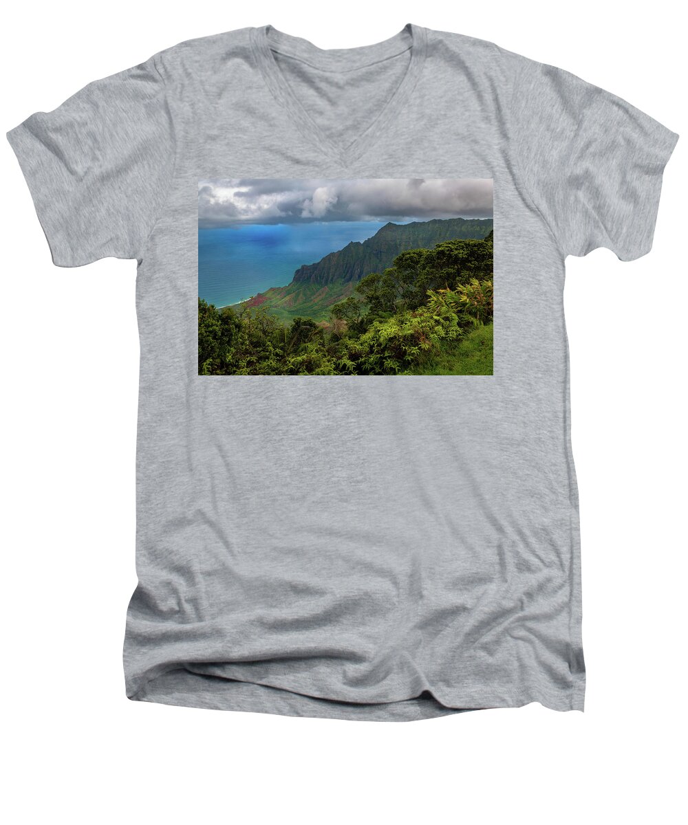 Garden Island Men's V-Neck T-Shirt featuring the photograph Beautiful and Illusive Kalalau Valley by John Hight