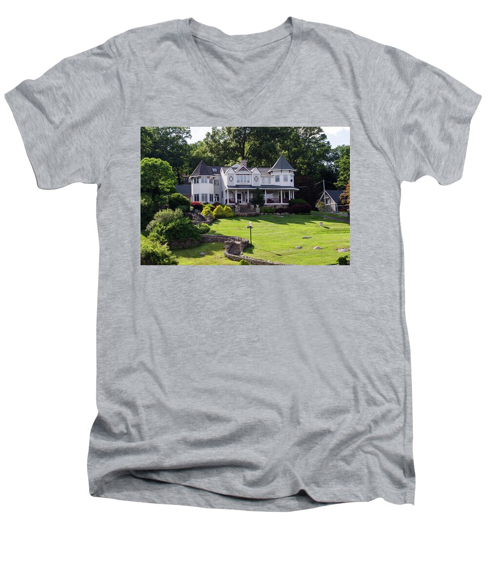 Real Estate Men's V-Neck T-Shirt featuring the photograph Beautiful Home on Lake Hopatcong by Maureen E Ritter