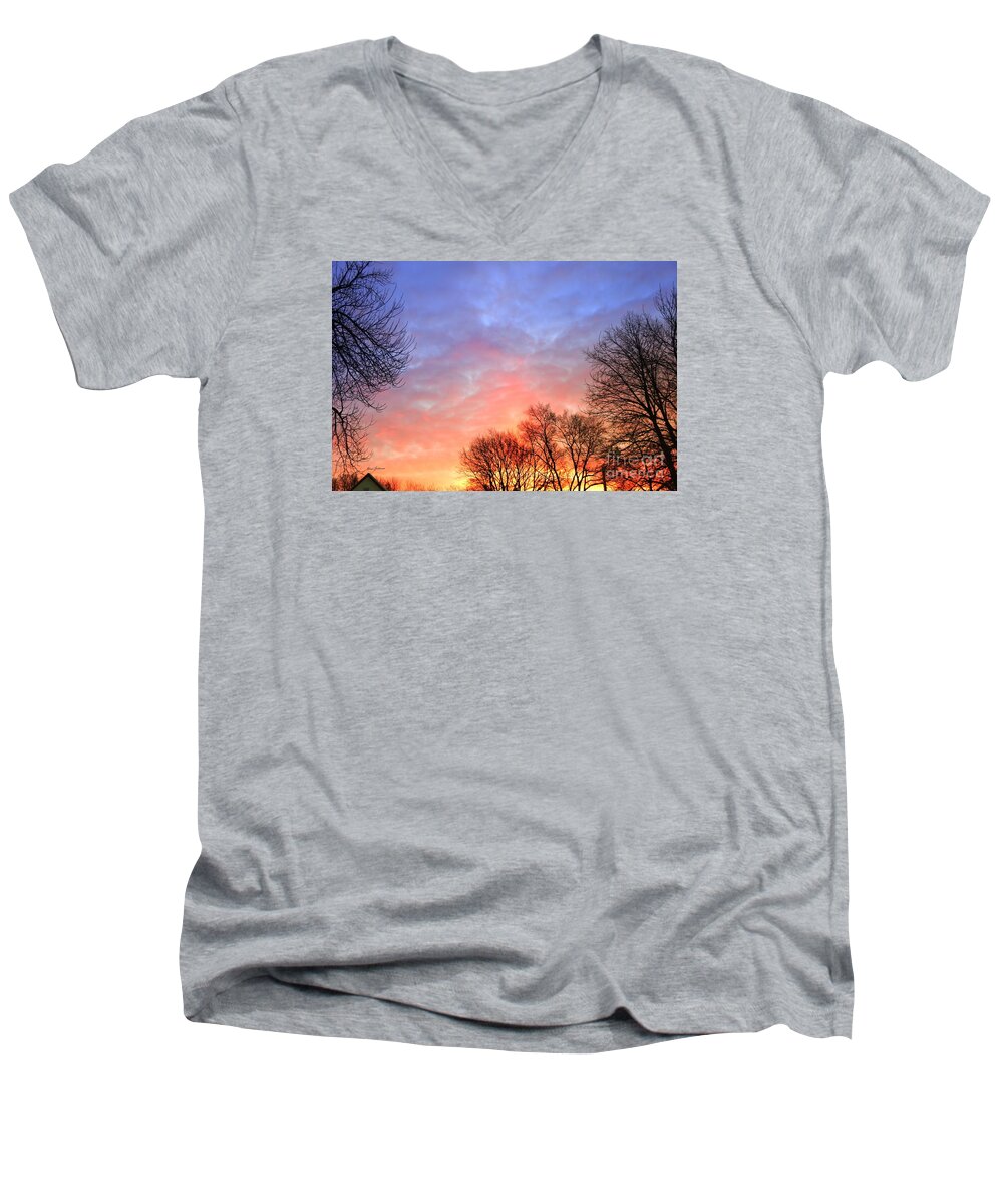 Sun Rising Men's V-Neck T-Shirt featuring the photograph Beautiful sunrise after Blizzard by Yumi Johnson